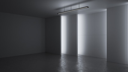 3D rendering minimalist and modern design studio room space background, low key lighting .
