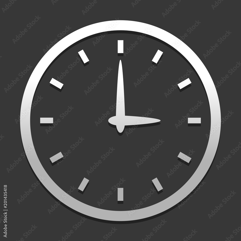 Poster simple icon of clock. icon in circle on dark background with simple shadow