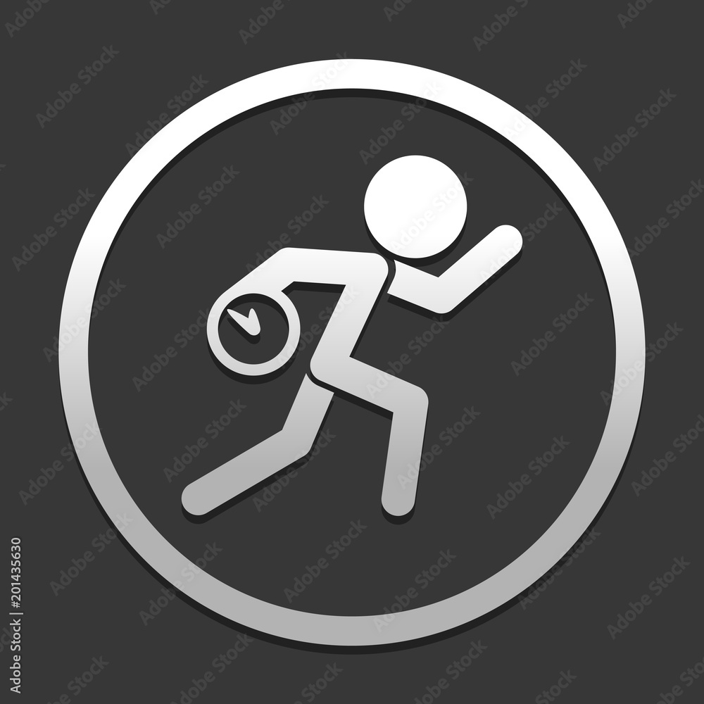 Poster running man with clock. simple icon. to be late. an unpleasant situation. icon in circle on dark bac