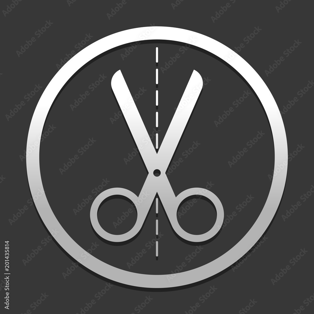 Poster scissors icon. icon in circle on dark background with simple shadow