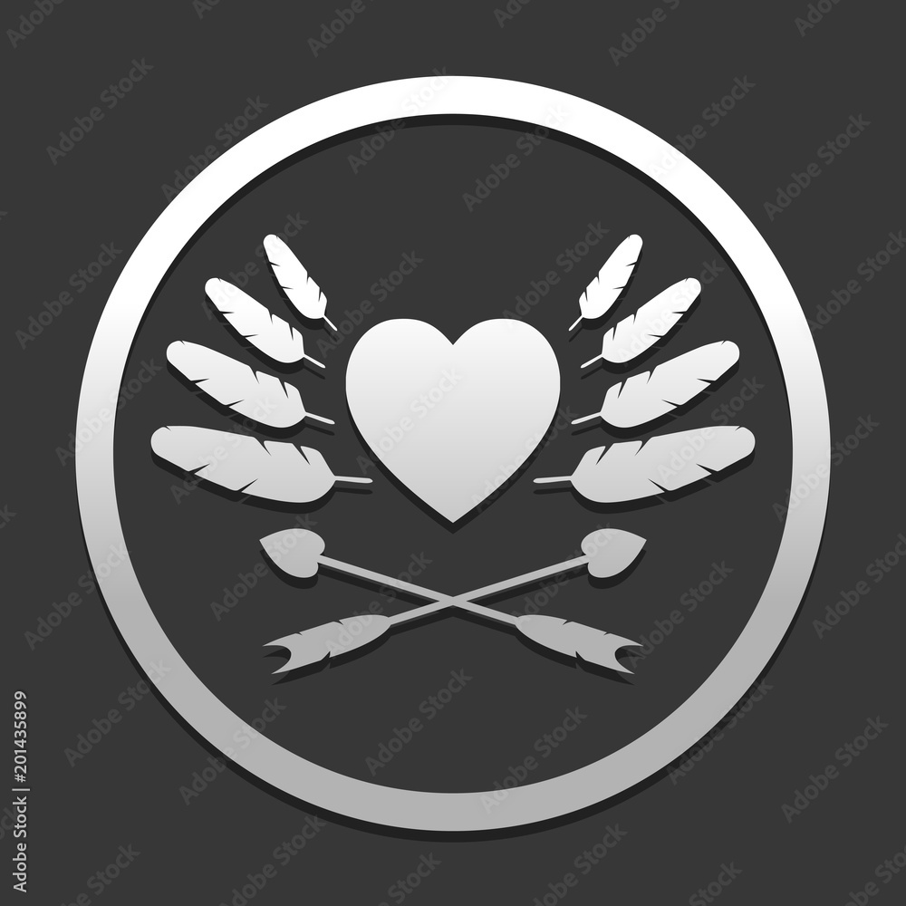 Poster uncolored icon of valentines day with heart, feathers and arrows. icon in circle on dark background 