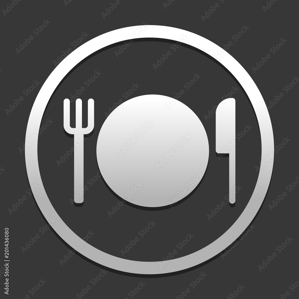 Poster cutlery. plate fork and knife icon. icon in circle on dark background with simple shadow