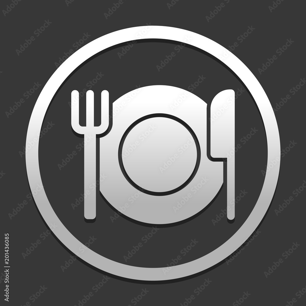 Poster cutlery. plate fork and knife. simple silhouette. icon in circle on dark background with simple shad