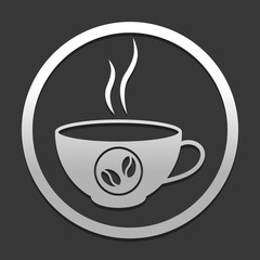 cup of hot coffee icon. icon in circle on dark background with simple shadow