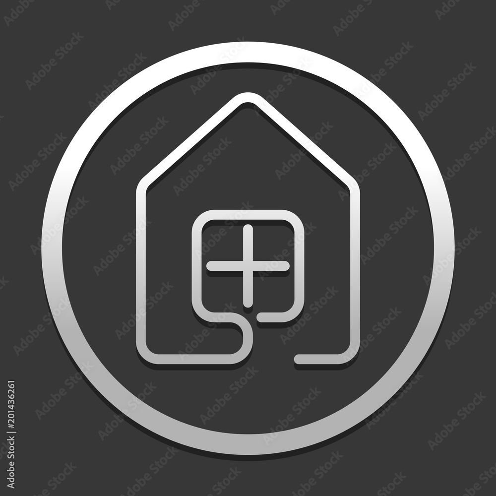Poster house with window icon. line style. icon in circle on dark background with simple shadow