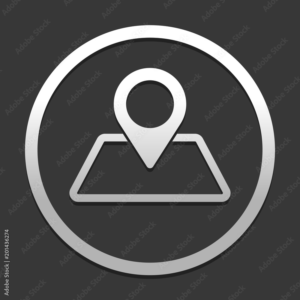 Poster label on map. simple silhouette. icon in circle on dark background with simple shadow