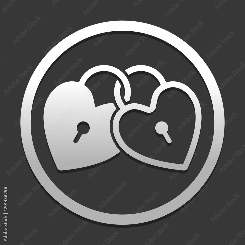 Poster linked hearts, lock icon. icon in circle on dark background with simple shadow