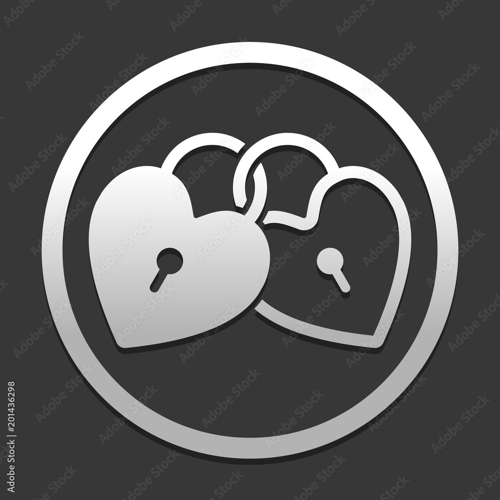 Poster linked hearts, lock icon. icon in circle on dark background with simple shadow