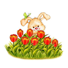 Cute bunny sitting in tulips - 201436205