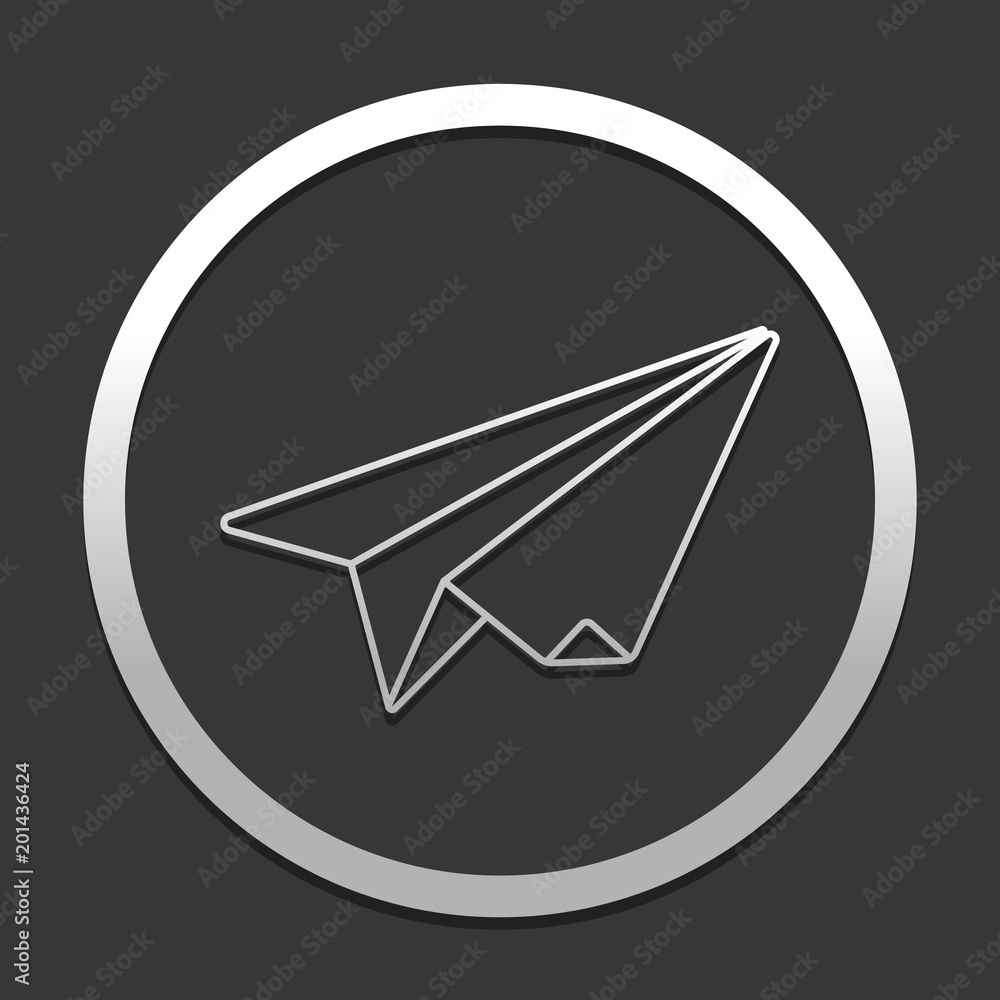Poster paper plane. origami glider. icon in circle on dark background with simple shadow