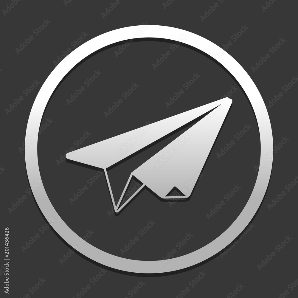 Poster paper plane. origami glider. icon in circle on dark background with simple shadow