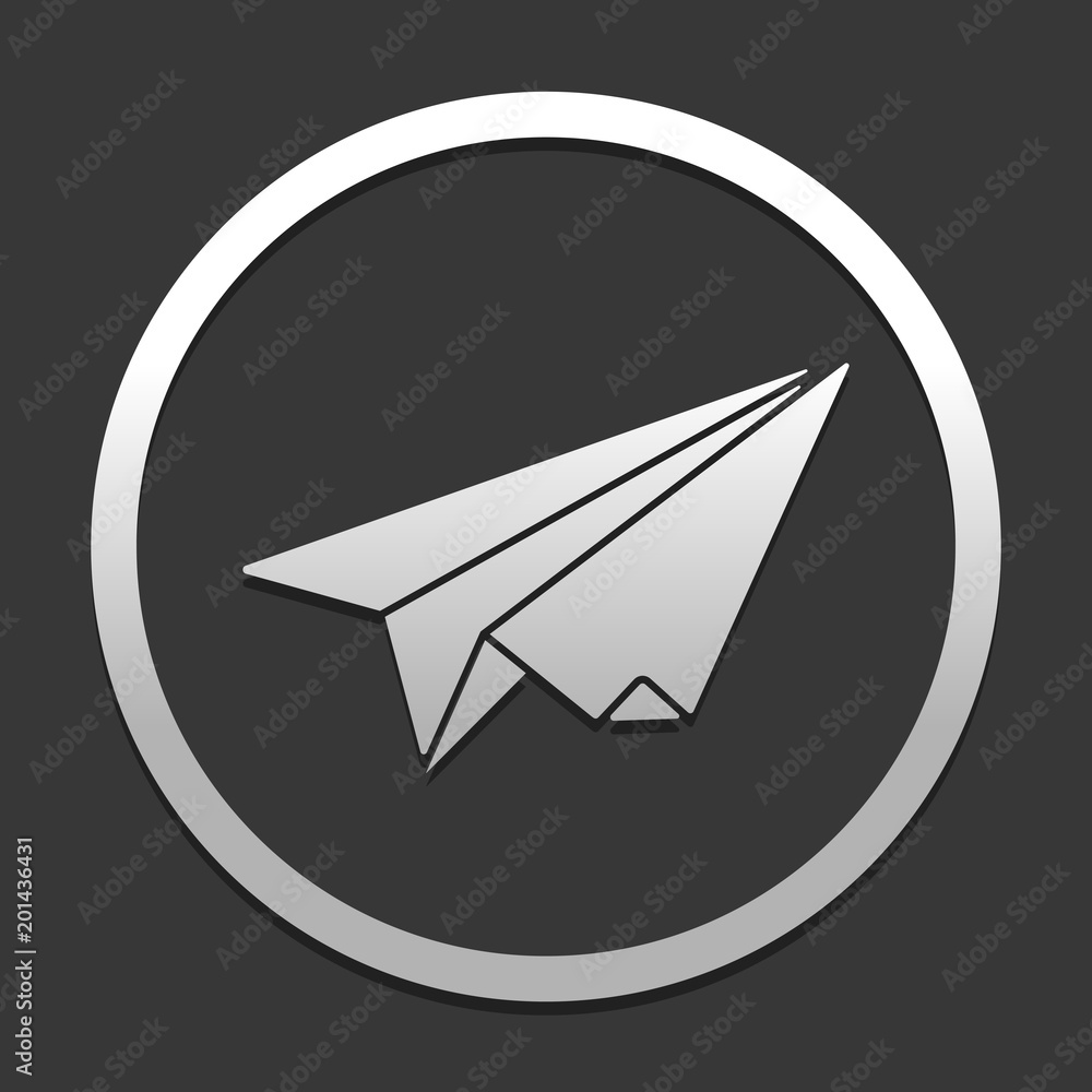 Poster paper plane. origami glider. icon in circle on dark background with simple shadow