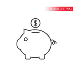 Money savings concept icon. Thin line piggy bank icon, outline, fully editable.