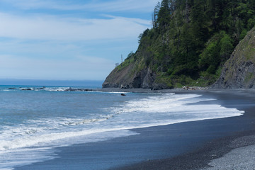 Forested cliffs tower over the black sands of the Lost Coast backpacking trail in California