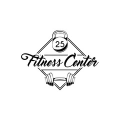 Fitness center logo emblem label. Kettlebell, dumbbell weight, sport equipment. Vector.
