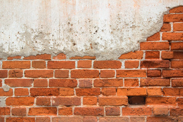 Retro old weathered brick wall fragment textuer background or destroyed concrete decayed by time.