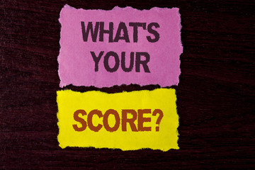Writing note showing  What Is Your Score Question. Business photo showcasing Tell Personal Individual Rating Average Results written on Tear Sticky Note Papers on the wooden background.