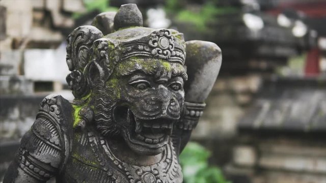 Sculpture in the wild tropical jungle, detailing the weathered surface with white fungus and moss. Lush vegetation and Balinese temple on the background. Slow tracking shot