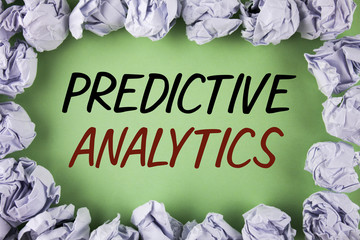 Handwriting text writing Predictive Analytics. Concept meaning Method to forecast Performance Statistical Analysis written on plain grean background within White Paper Balls.