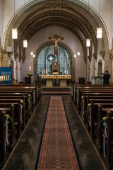 Rieden Germany 15.04.2018 The interior of a simple church with empty seat rows and beautiful old...