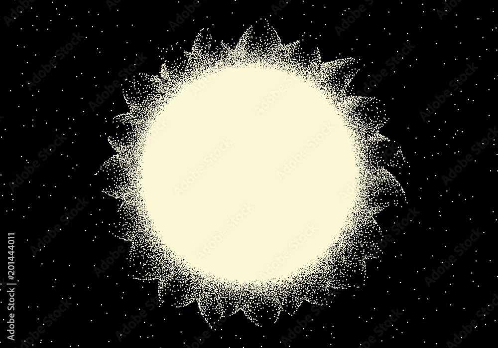 Poster space landscape with scenic view on sun made with retro dotwork style