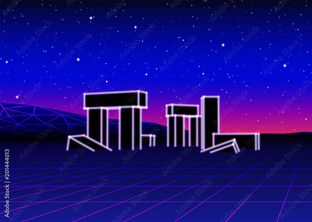 Poster neon landscape with 80s retro wave game style