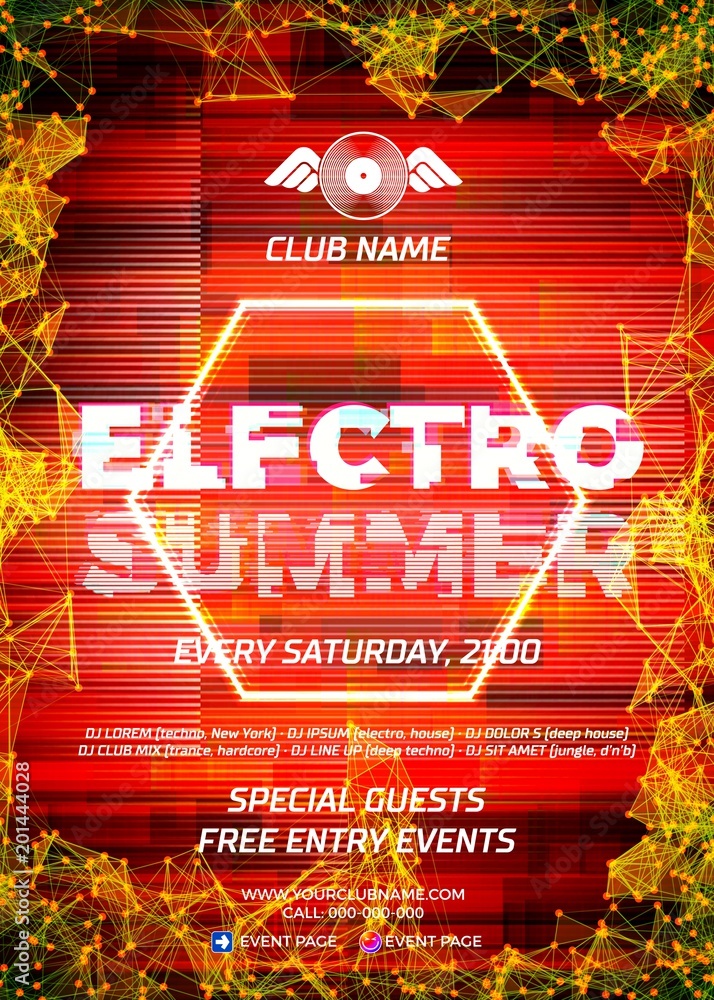 Aufkleber Glitch party poster with red background and hexagon for techno r