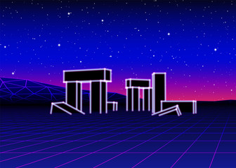 Neon landscape with 80s retro wave game style