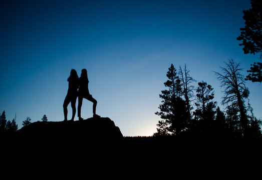 Girl Standing on Rock Night Sky Forest Silhouette 