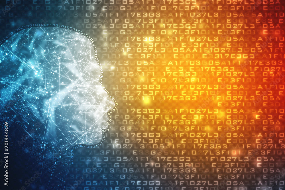 Poster artificial intelligence. human head outline with circuit board inside. technology and engineering co