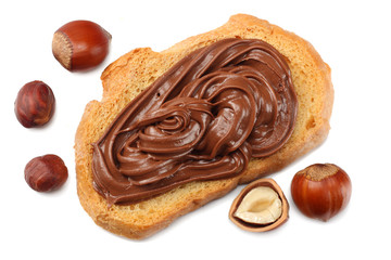 Slice of bread with chocolate cream with hazelnut isolated on white background. top view