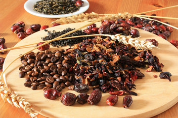 Coffee beans and herbs