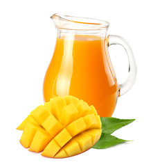 mango juice with mango slice isolated on white background. jug of mango juice.