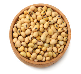 Soybeans in bowl isolated on white background. top view