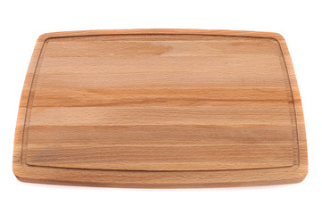 Wooden board for cutting meat with blood flow on a white background.