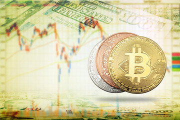 Crypto currency bitcoin coins on banknotes and share graph background , digital virtual money concept