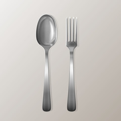 Vector realistic fork and spoon. Silver kitchen stainless utensil set. Flatware mockup for restaurant menu or cooking product design. 3d metal cutlery, kitchenware illustration isolated.