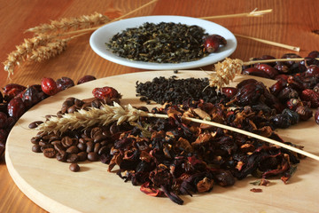 Coffee beans and herbs