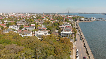 Fototapeta na wymiar Aerial view of Charleston cityscape from the river, South Carolina
