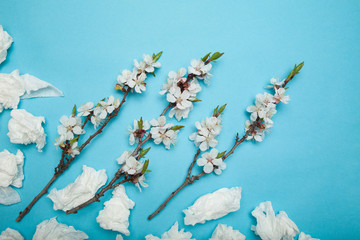 Allergy concept, white used napkins and flowers.