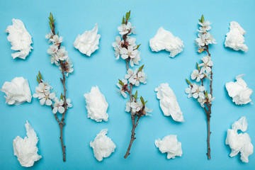 Flower branch on the background of scattered napkins from the common cold.