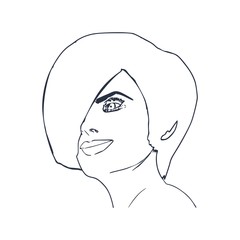Face half turn view. Elegant outline silhouette of a female head. Portrait of a happy smiled woman