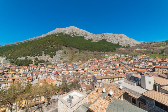 Celano, Italy - 7 April 2018 - A mountain town in province of L'Aquila, Abruzzo region, beside the city of Avezzano, with the medieval stone castle Piccolomini, now public museum