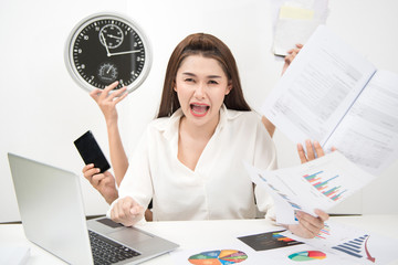 Multitasking woman busy business manager task with white background.