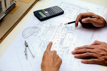 Architect Engineer Design Working on Blueprint Planning Concept. Construction Concept