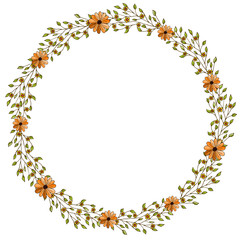 Gentle summer flowers arranged in a shape of heart. Doodle style. Wildflowers wreath isolated on white background.