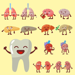 Human organs healthy and unhealthy anatomic funny cartoon character pairs vector.