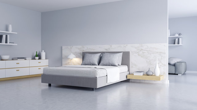 Bedroom and Modern Loft style.,Cozy white and gray room minimalist concept ,bed with Polished concrete floor and white wall ,3d rendering