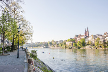 Basel, Stadt, Rhein, Rheinufer, Kleinbasel, Uferweg, Altstadt, Münster, Pfalz, Kirche, Grossbasel, Wettsteinbrücke, Altstadthäuser, Frühling, Schweiz