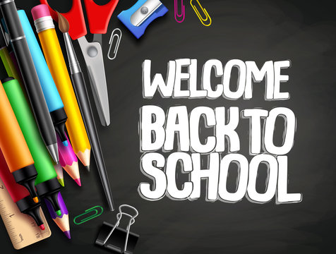 Back to school vector background template design with colorful elements like school supplies, education items and space for welcome back to school text in black texture background.
